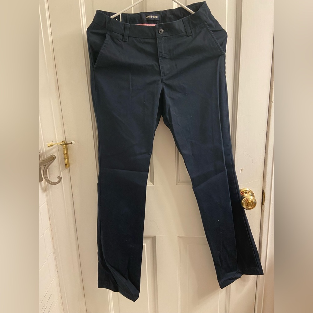 Lands’ End Girls Iron Knee Plain Front Chino Pants Navy Blue Size 16S